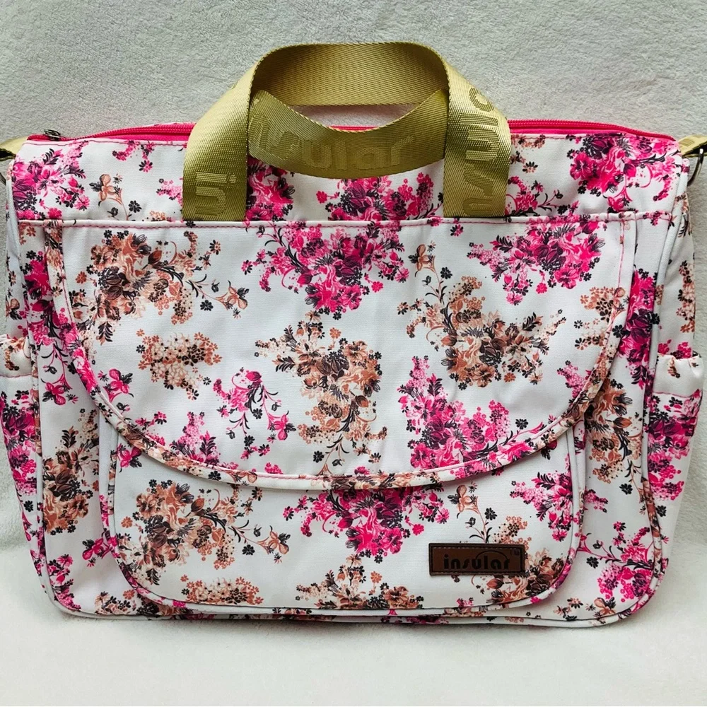 INSOLAR 15”x13” Floral Pink Baby Infant Insulated Diaper Bag - 4 Piece Set